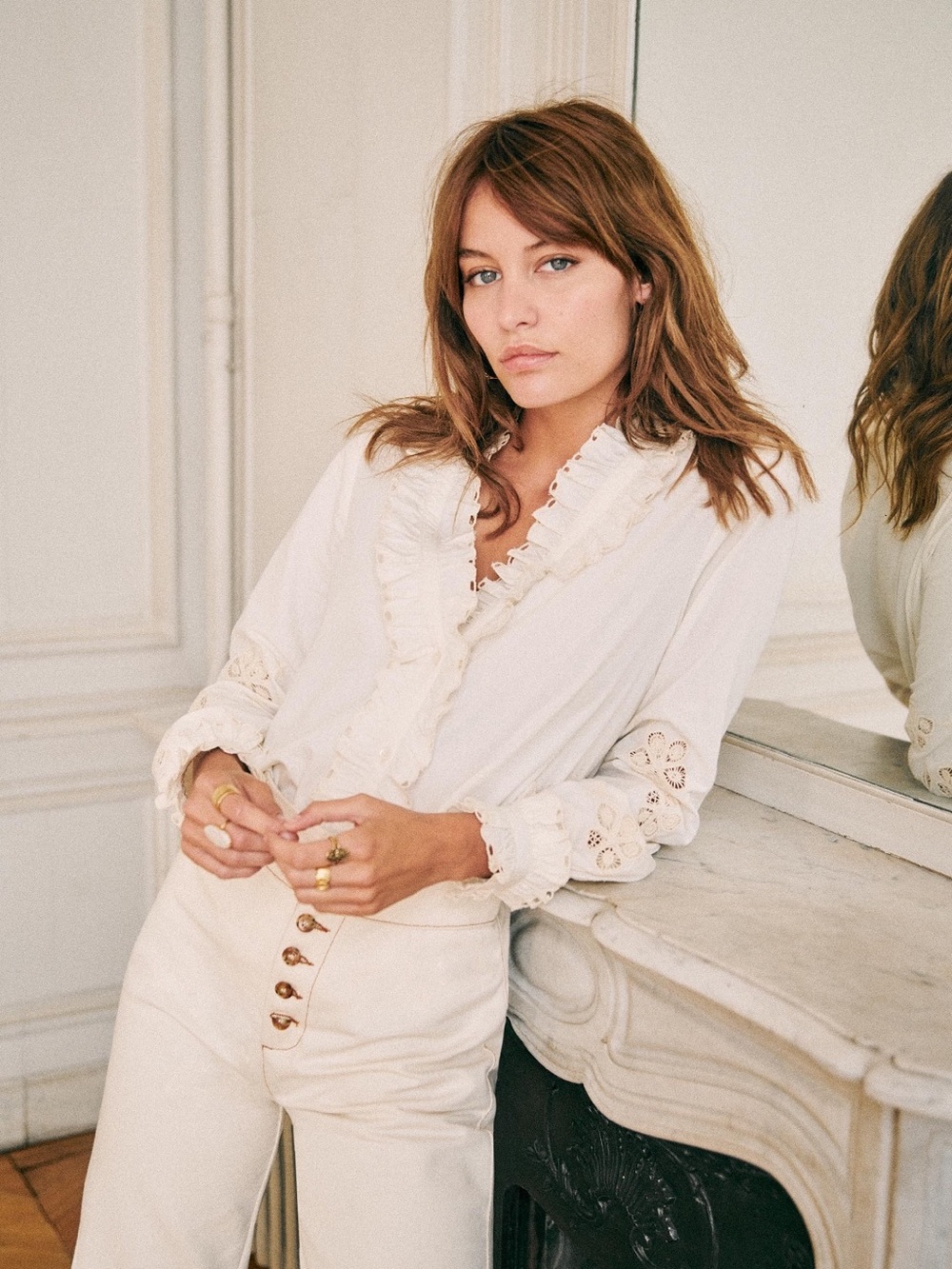Sezane Kelly Cream Ruffled V-Neck Cotton Blouse